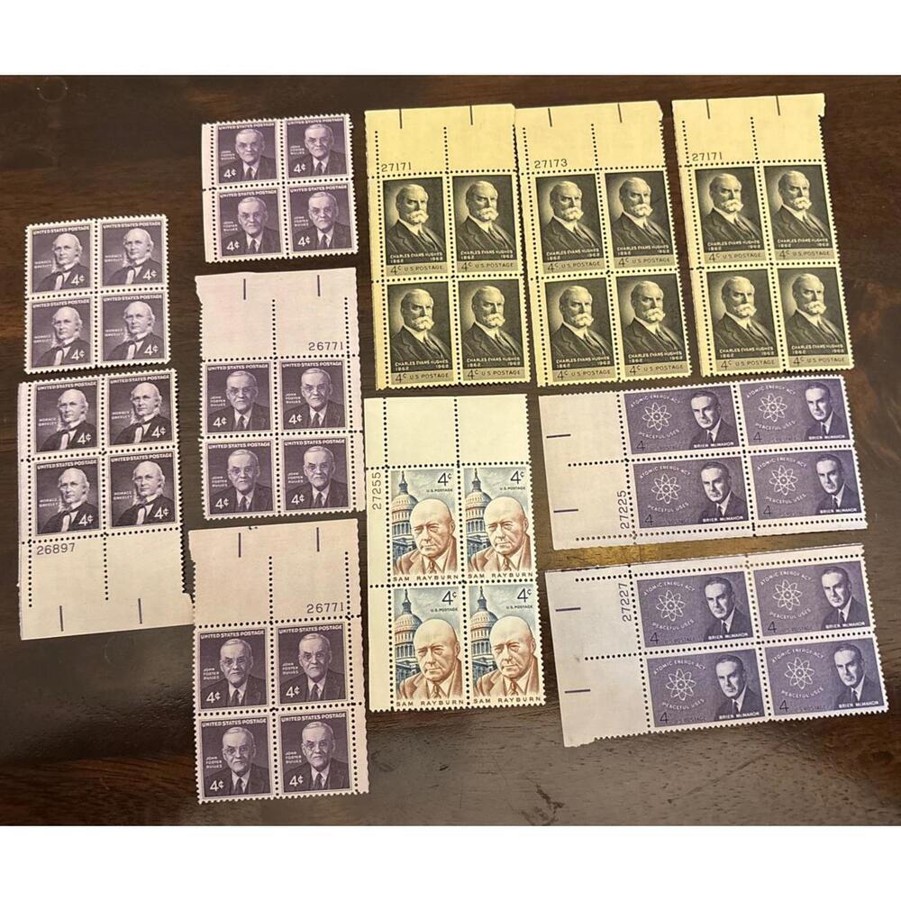 Vintage US 4¢ Stamp Blocks Sam Rayburn, Brien McMahon, Dulles, Hughes, Greeley
